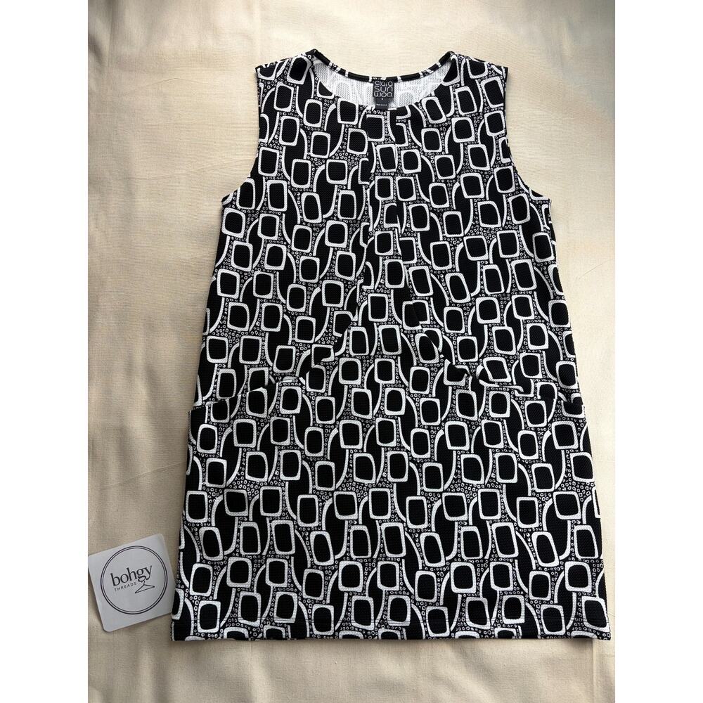 Clara Sun Woo Black White Geo Print Mini Textured Stretch Sleeveless Shift Dress